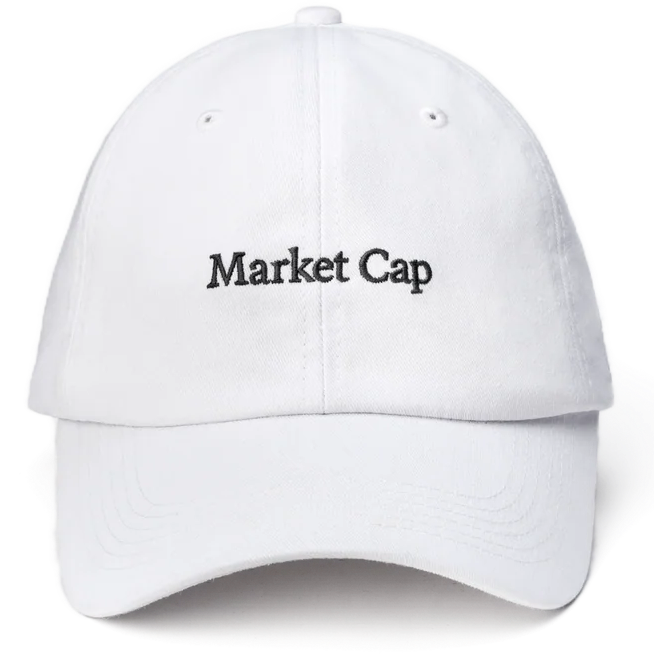 The Market Cap: a white dad hat with Market Cap embroidered in black