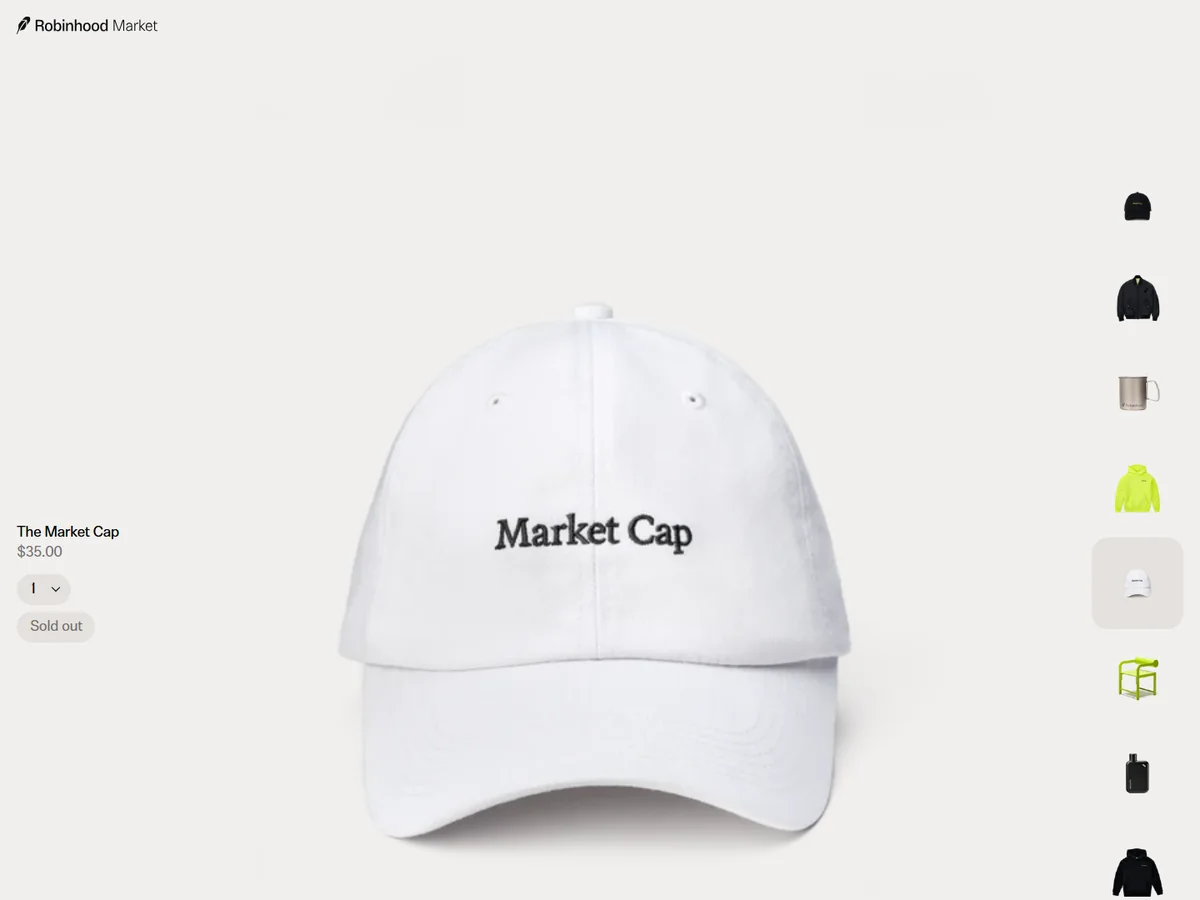 The Robinhood Market store page for The Market Cap, $35.00, marked sold out
